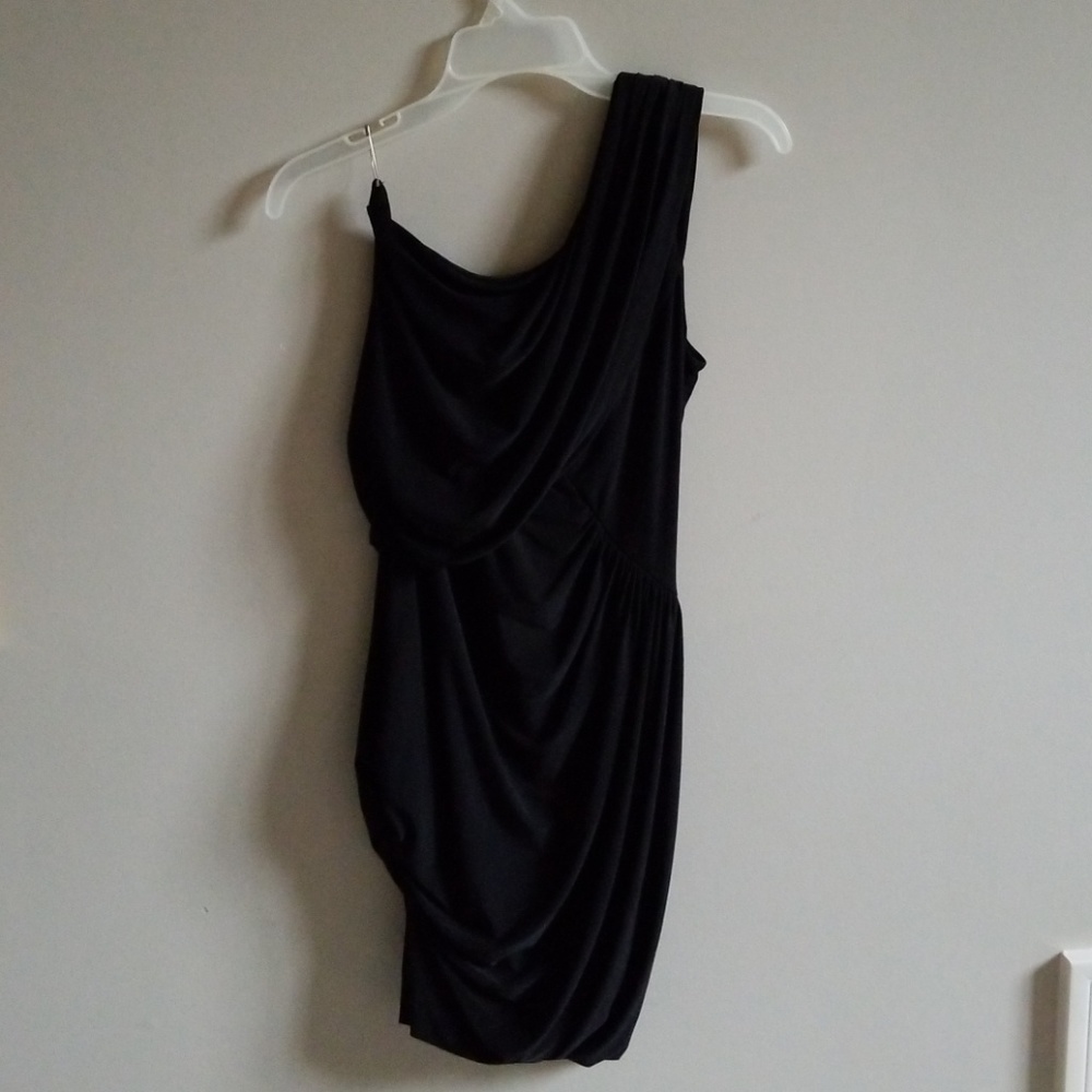 one shoulder black drape mini dress by soprano